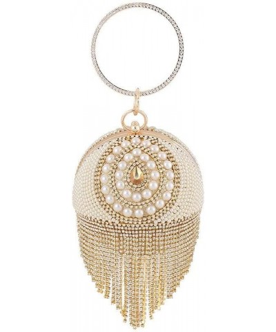 Dazzling Crystal Tassel Women's Evening Bag Round Wedding Cocktail Wrist Handbag Purse Ball Evening Bag (Gold 1) Gold+pearl $...