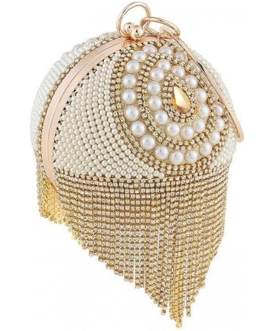 Dazzling Crystal Tassel Women's Evening Bag Round Wedding Cocktail Wrist Handbag Purse Ball Evening Bag (Gold 1) Gold+pearl $...