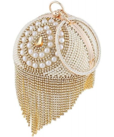 Dazzling Crystal Tassel Women's Evening Bag Round Wedding Cocktail Wrist Handbag Purse Ball Evening Bag (Gold 1) Gold+pearl $...