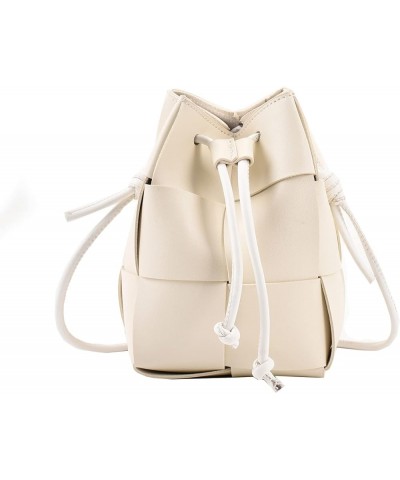 Women's Woven Bucket Bag Crossbody Handbag PU Square Lattice Drawstring Leather Small Shoulder Bags Clutch Purse White $18.61...