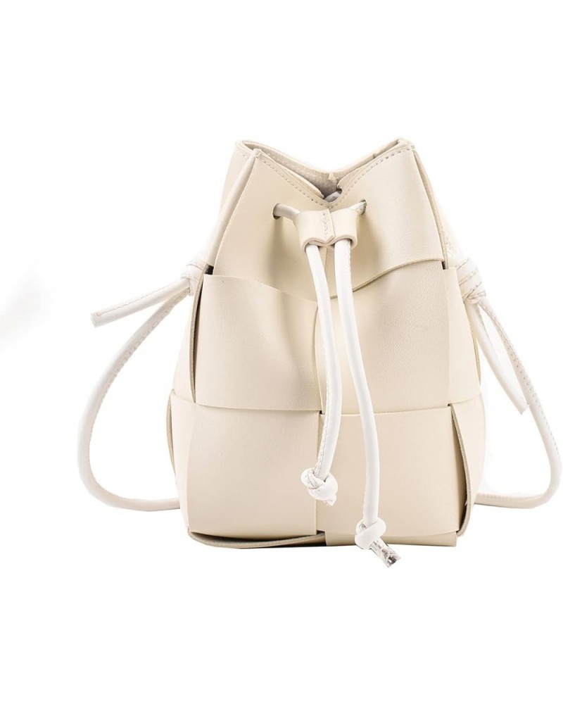 Women's Woven Bucket Bag Crossbody Handbag PU Square Lattice Drawstring Leather Small Shoulder Bags Clutch Purse White $18.61...