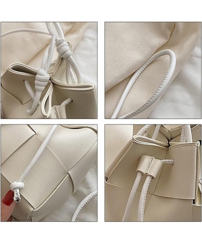 Women's Woven Bucket Bag Crossbody Handbag PU Square Lattice Drawstring Leather Small Shoulder Bags Clutch Purse White $18.61...