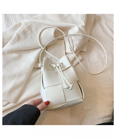 Women's Woven Bucket Bag Crossbody Handbag PU Square Lattice Drawstring Leather Small Shoulder Bags Clutch Purse White $18.61...