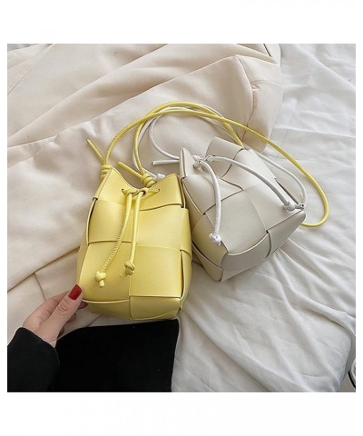 Women's Woven Bucket Bag Crossbody Handbag PU Square Lattice Drawstring Leather Small Shoulder Bags Clutch Purse White $18.61...