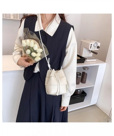 Women's Woven Bucket Bag Crossbody Handbag PU Square Lattice Drawstring Leather Small Shoulder Bags Clutch Purse White $18.61...