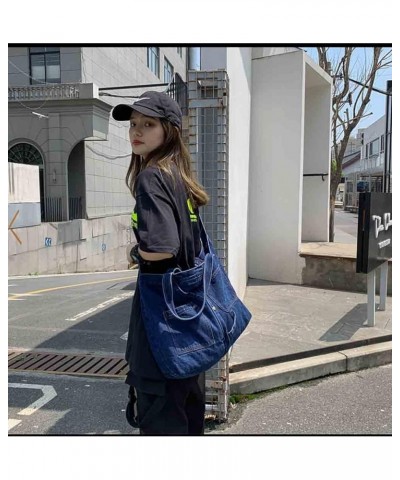 Japanese casual handbag Fashion versatile large capacity shoulder bag denim neutral satchel (Blue) Dark Blue $16.42 Satchels