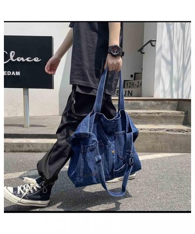 Japanese casual handbag Fashion versatile large capacity shoulder bag denim neutral satchel (Blue) Dark Blue $16.42 Satchels