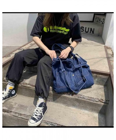 Japanese casual handbag Fashion versatile large capacity shoulder bag denim neutral satchel (Blue) Dark Blue $16.42 Satchels