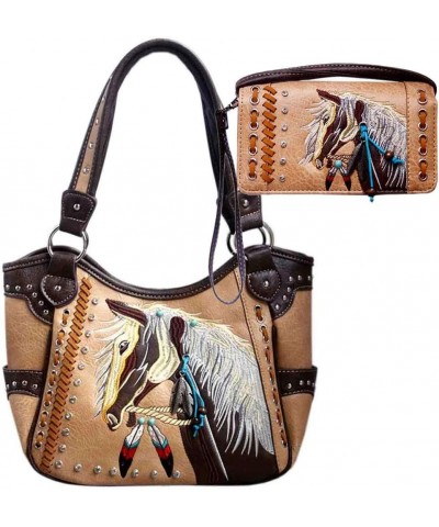 Dales Pony Horse White Mane Embroidery Feather Conceal Carry Women Handbag Purse Brown Tote Wallet Set $12.11 Totes