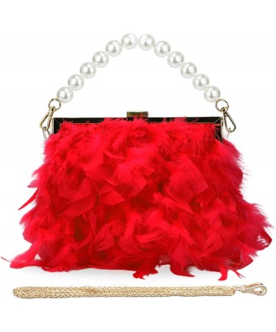 Feather Clutches Purses for Women Bag，Pearl Fluffy Evening Handbags for Wedding Anniversary Party Red $16.63 Evening Bags