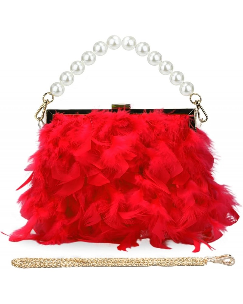 Feather Clutches Purses for Women Bag，Pearl Fluffy Evening Handbags for Wedding Anniversary Party Red $16.63 Evening Bags