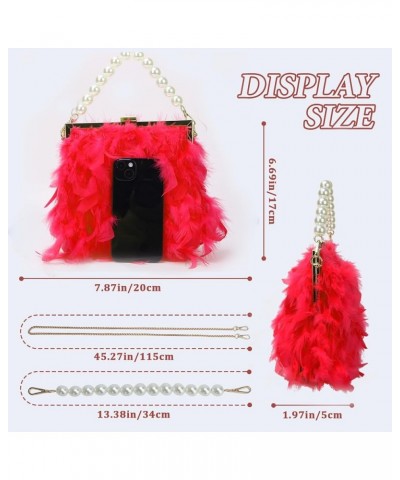 Feather Clutches Purses for Women Bag，Pearl Fluffy Evening Handbags for Wedding Anniversary Party Red $16.63 Evening Bags