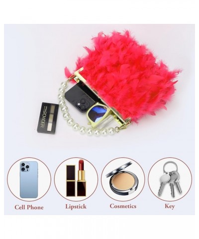 Feather Clutches Purses for Women Bag，Pearl Fluffy Evening Handbags for Wedding Anniversary Party Red $16.63 Evening Bags