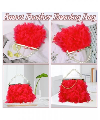 Feather Clutches Purses for Women Bag，Pearl Fluffy Evening Handbags for Wedding Anniversary Party Red $16.63 Evening Bags