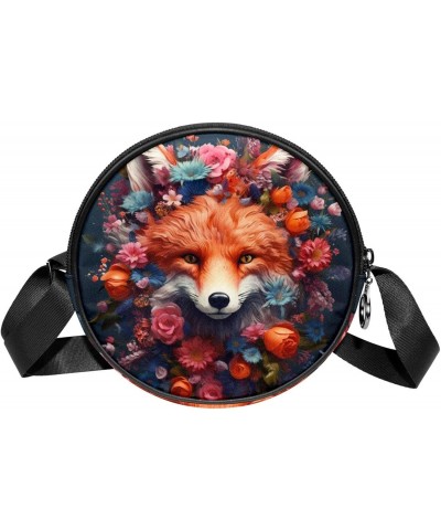 Round Crossbody Wallet, Circle Crossbody Purse Handbag, Lovely Fox and Flower Pattern $10.07 Crossbody Bags