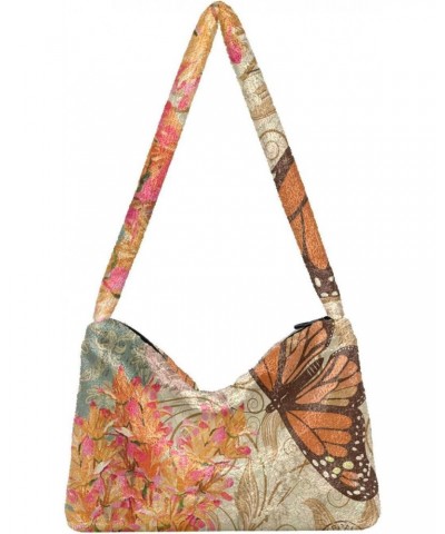 Vintage Flowers Butterfly Furry Tote Bag for Women Crossbody Bag Shoulder Bag Purse Cute Purse with Zipper for Winter Fall $1...