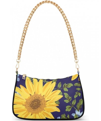 Women Chain Shoulder Purse Bag With Zipper Autumn Sunflowers Print, Blue Flowers Hobo Tote Clutch Handbags with Chain Strap $...