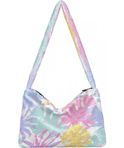 Watercolor Tie Dye Shoulder Tote Bag, Fur Women Handbag Hobo Purse Multicolor Tropical Leaves $9.03 Totes