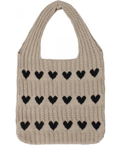 Women Large Heart Patten Acrylic fibers Knit Shoulder Bag Beach Travel Top-handle Bag Tote Khaki $19.60 Shoulder Bags