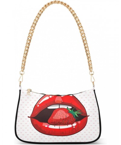 Trendy Strawberry Lips Love Hert Shoulder Handbags for Women Travel Hobo Tote Handbag Women Gold Chain Shoulder Bags Purse wi...