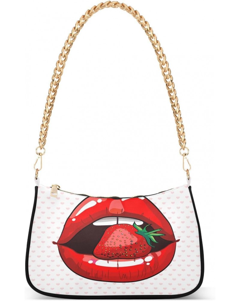 Trendy Strawberry Lips Love Hert Shoulder Handbags for Women Travel Hobo Tote Handbag Women Gold Chain Shoulder Bags Purse wi...