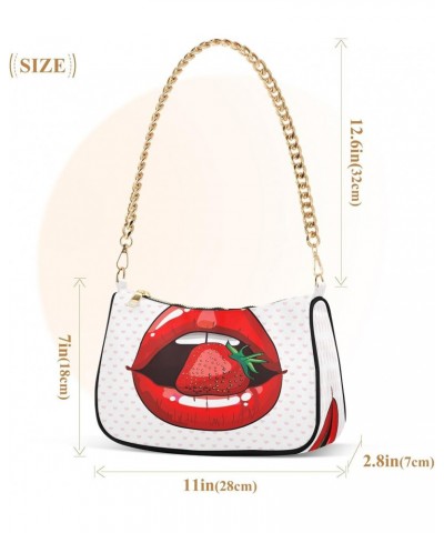 Trendy Strawberry Lips Love Hert Shoulder Handbags for Women Travel Hobo Tote Handbag Women Gold Chain Shoulder Bags Purse wi...