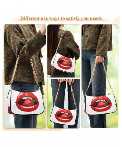 Trendy Strawberry Lips Love Hert Shoulder Handbags for Women Travel Hobo Tote Handbag Women Gold Chain Shoulder Bags Purse wi...