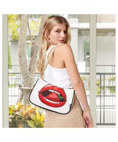 Trendy Strawberry Lips Love Hert Shoulder Handbags for Women Travel Hobo Tote Handbag Women Gold Chain Shoulder Bags Purse wi...