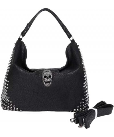 Over-size Studded Skull Hobo Bag for women Punk Rivet Shoulder Bag Large Purses Black $49.14 Hobo Bags