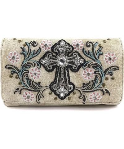 Rhinestone Cross Summer Flower Embroidery CCW Concealed Carry Shoulder Purse Handbag Beige Wallet Only $15.88 Shoulder Bags