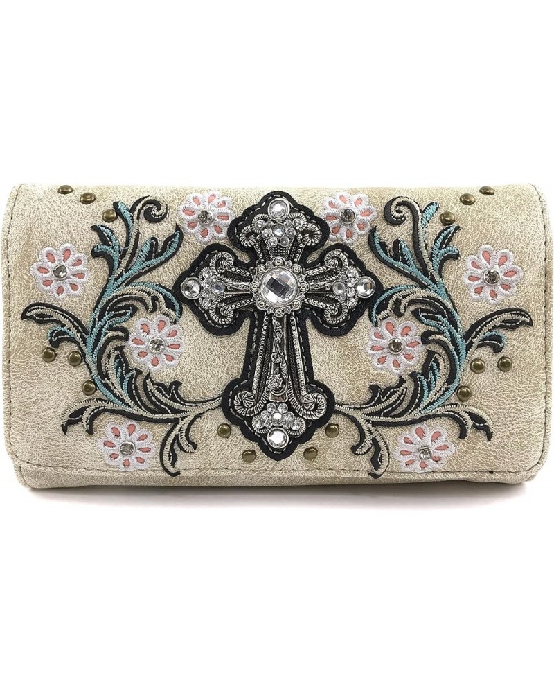 Rhinestone Cross Summer Flower Embroidery CCW Concealed Carry Shoulder Purse Handbag Beige Wallet Only $15.88 Shoulder Bags