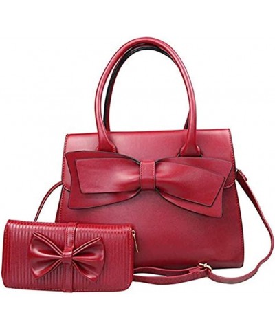 Women Handbag 2 Pcs Set Big Bow-Knot PU Leather Top Handle Bag Designer Tote Bag Clutch Wallet Set for Ladies B-red $16.31 Totes