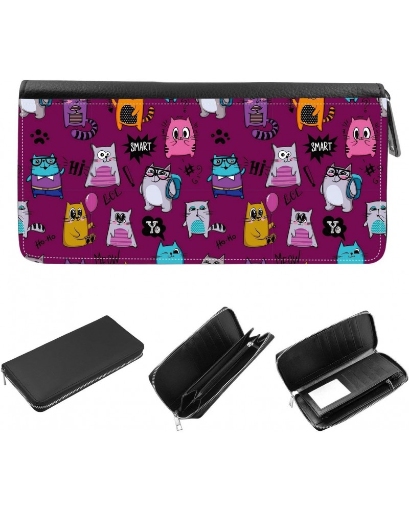 Women's Zip Around Wallet and Phone Clutch - RFID Blocking with Card Holder Organizer - Cartoon cat character with text smart...