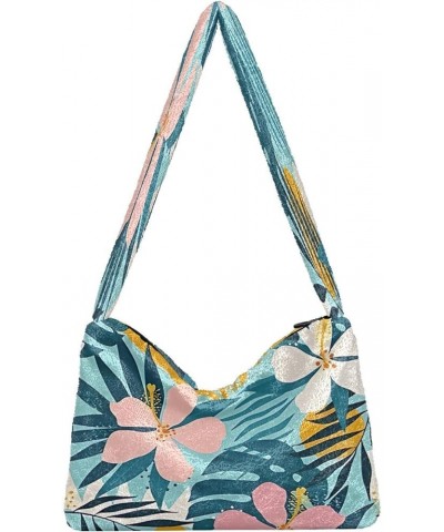 Floral Printed Colorful Girls Ladies Hobo Handbags, Furry Tote Simple Shoulder Bag Tropical Flowers Artistic Palm Leaves on $...