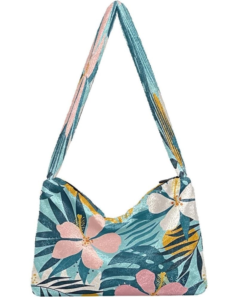 Floral Printed Colorful Girls Ladies Hobo Handbags, Furry Tote Simple Shoulder Bag Tropical Flowers Artistic Palm Leaves on $...