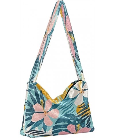 Floral Printed Colorful Girls Ladies Hobo Handbags, Furry Tote Simple Shoulder Bag Tropical Flowers Artistic Palm Leaves on $...