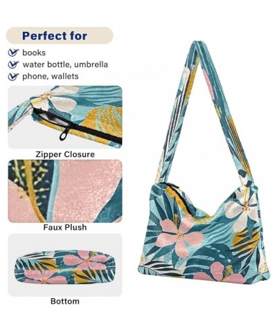 Floral Printed Colorful Girls Ladies Hobo Handbags, Furry Tote Simple Shoulder Bag Tropical Flowers Artistic Palm Leaves on $...