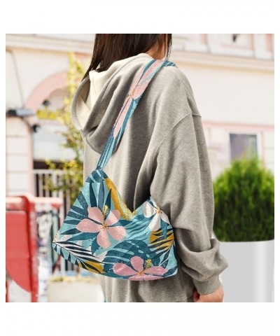 Floral Printed Colorful Girls Ladies Hobo Handbags, Furry Tote Simple Shoulder Bag Tropical Flowers Artistic Palm Leaves on $...