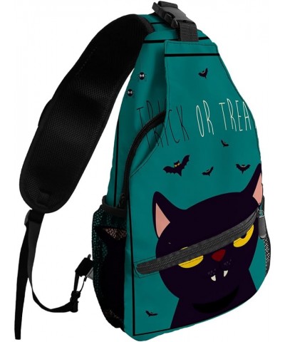 Sling Backpack, Halloween Trick or Treat Black Cat Bat Cartoon Dark Green Waterproof Lightweight Small Sling Bag, Travel Ches...