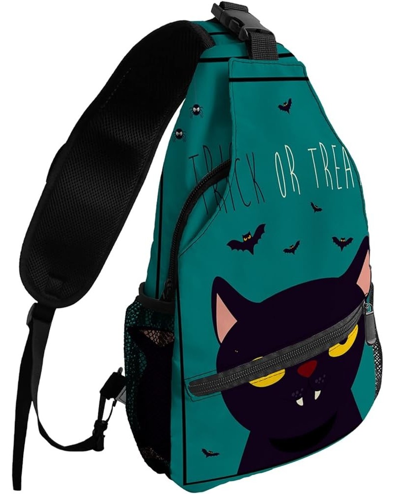 Sling Backpack, Halloween Trick or Treat Black Cat Bat Cartoon Dark Green Waterproof Lightweight Small Sling Bag, Travel Ches...