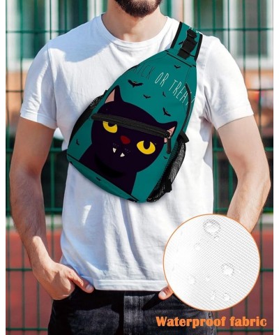 Sling Backpack, Halloween Trick or Treat Black Cat Bat Cartoon Dark Green Waterproof Lightweight Small Sling Bag, Travel Ches...