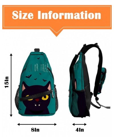 Sling Backpack, Halloween Trick or Treat Black Cat Bat Cartoon Dark Green Waterproof Lightweight Small Sling Bag, Travel Ches...