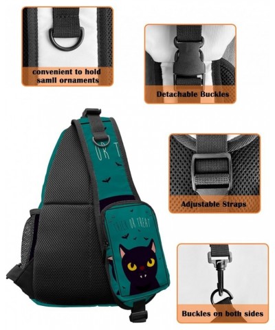 Sling Backpack, Halloween Trick or Treat Black Cat Bat Cartoon Dark Green Waterproof Lightweight Small Sling Bag, Travel Ches...