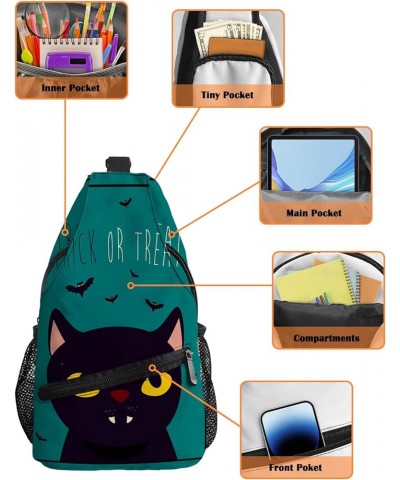 Sling Backpack, Halloween Trick or Treat Black Cat Bat Cartoon Dark Green Waterproof Lightweight Small Sling Bag, Travel Ches...