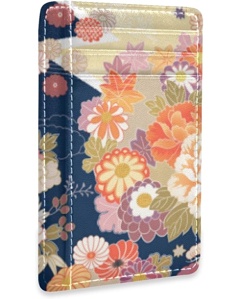 Traditional Kimono Pattern Asian Japanese Chinese Floral Flowers Slim Minimalist Wallet, Front Pocket RFID Leather Blocking C...