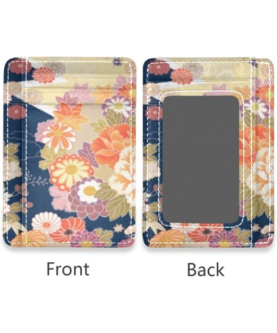 Traditional Kimono Pattern Asian Japanese Chinese Floral Flowers Slim Minimalist Wallet, Front Pocket RFID Leather Blocking C...