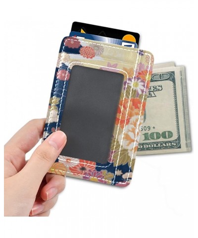 Traditional Kimono Pattern Asian Japanese Chinese Floral Flowers Slim Minimalist Wallet, Front Pocket RFID Leather Blocking C...