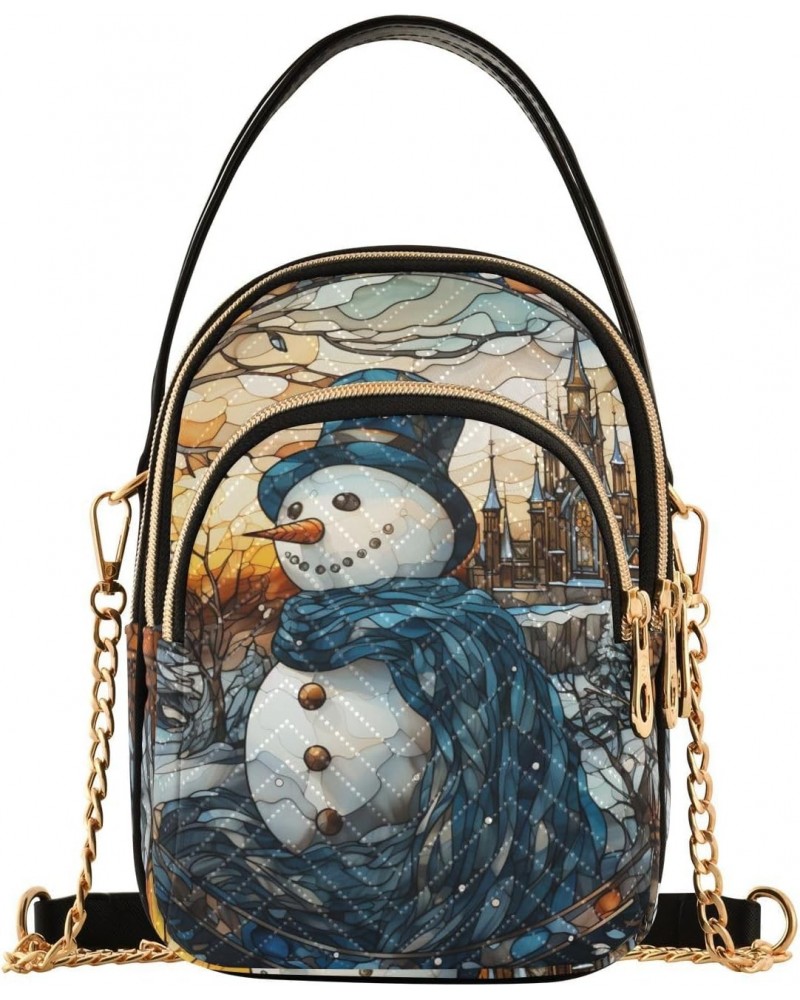 Women Crossbody Sling Bags Stained Glass Snowman Print, Compact Fashion Handbags Purse with Chain Strap Top handle for Evenin...