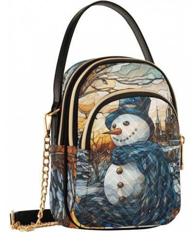 Women Crossbody Sling Bags Stained Glass Snowman Print, Compact Fashion Handbags Purse with Chain Strap Top handle for Evenin...