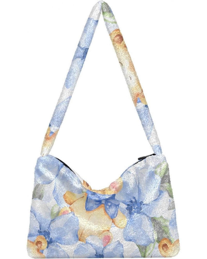 Blue Flowers Teddy Bear Shoulder Tote Bags for Women Furry Crossbody bag Hobo Handbag Purses for Traveling Working Shopping $...